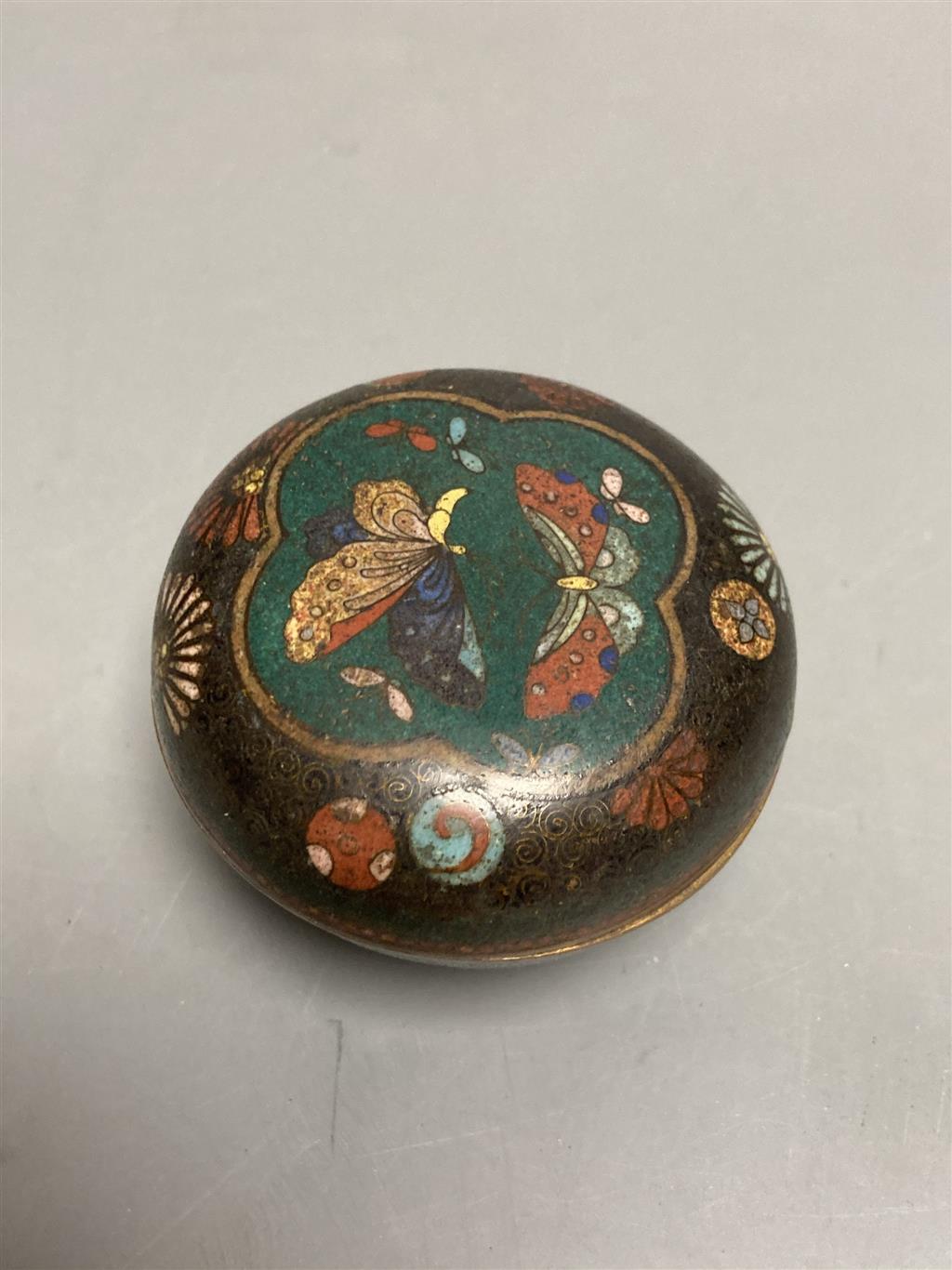A 19th century Chinese carved ivory needle case, a damaged netsuke and a small cloisonne box